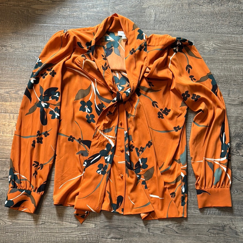Floral Orange Blouse with Tie Neck by Calvin Klein